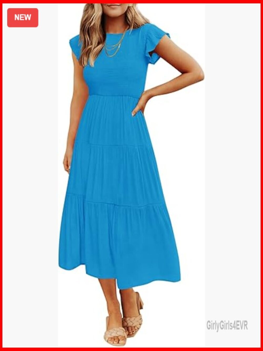 Flutter Short Sleeve Smocked Midi Dress Casual Tiered